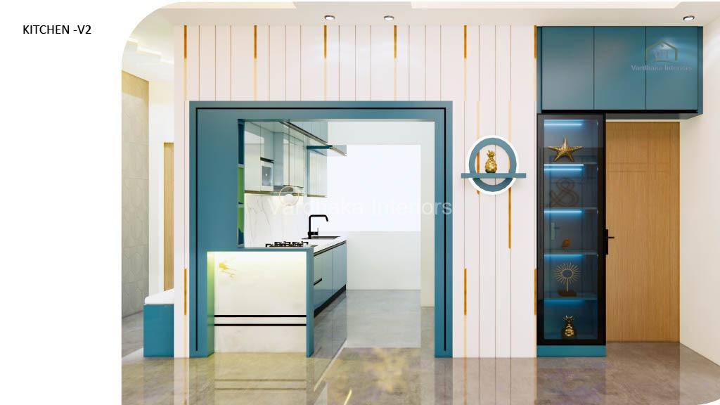 Modern modular kitchen with crockery unit by Vardhaka Interiors