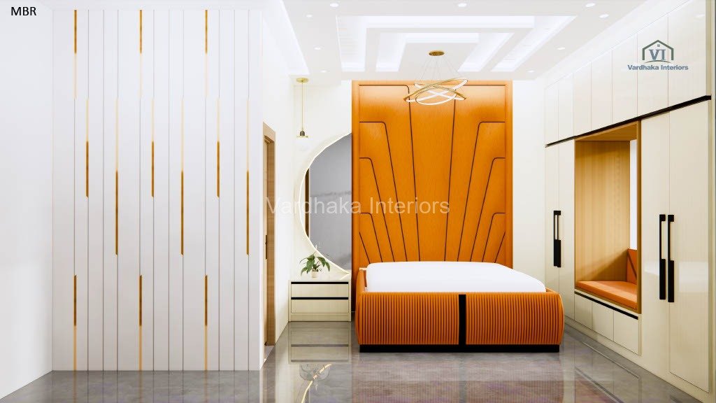 Modern Ovel Shape Mirror With Tall Headboard Bedroom Design Ideas — interior designers in Bangalore, Bangalore