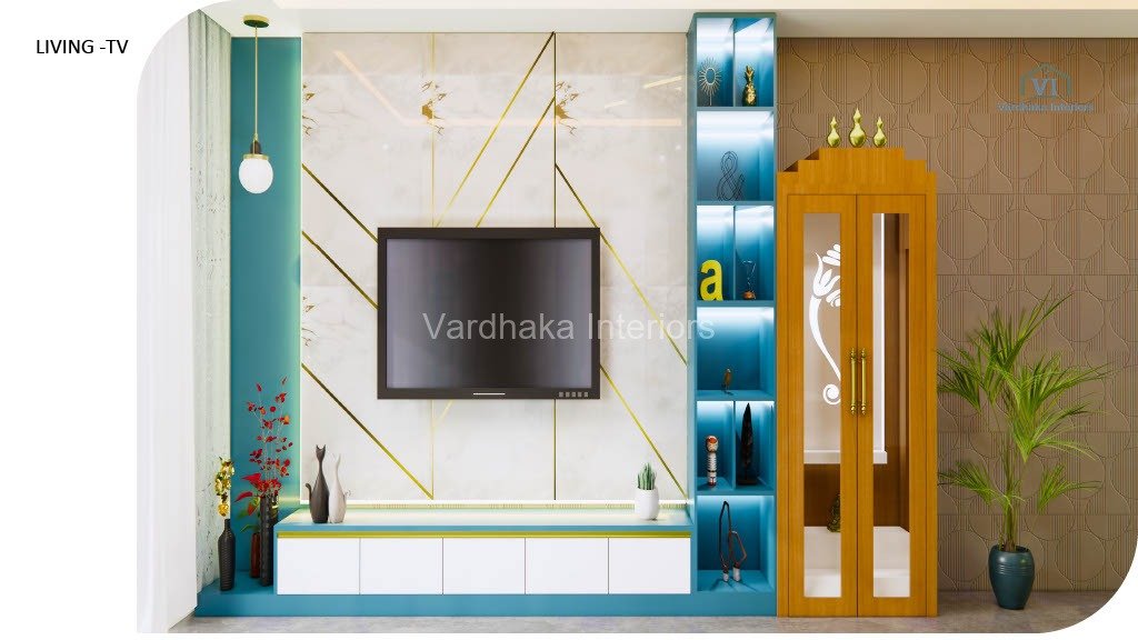 Modern Tv Unit With Pooja Unit Glass Design — interior designers in Bangalore, Bangalore