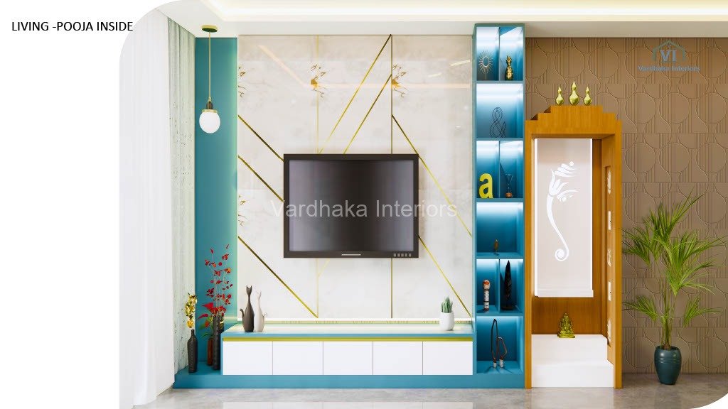 Modern Tv Unit With Pooja Unit Glass Design Hanging Light — interior designers in Bangalore, Bangalore
