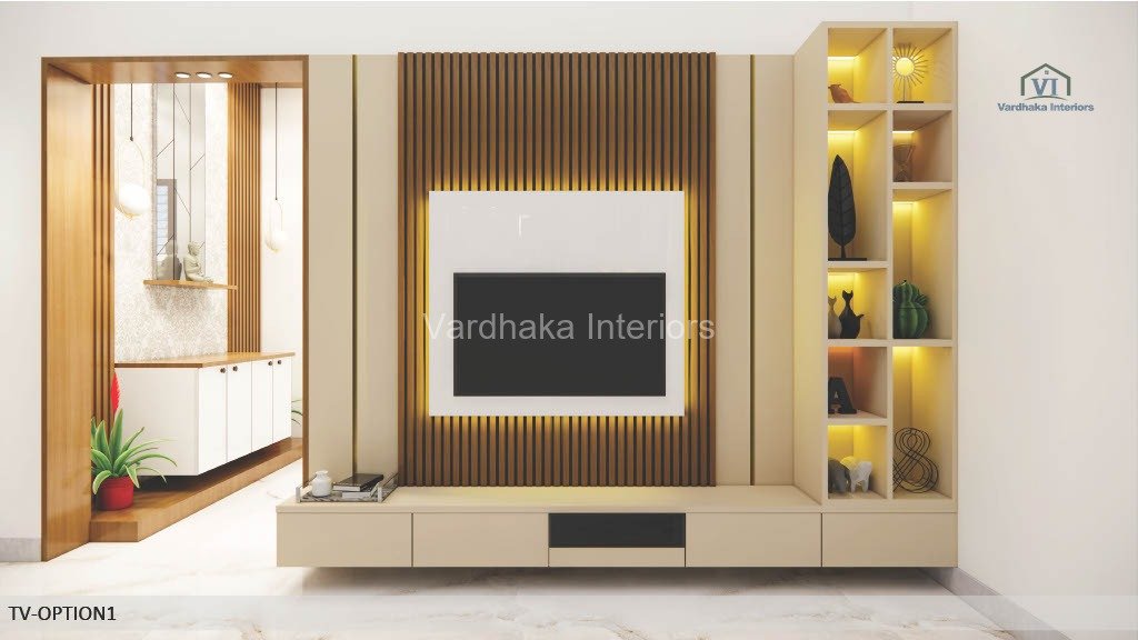 Modern TV Unit Design With Louvers Profile Lights — interior designers in Ankola, Uttara Kannada