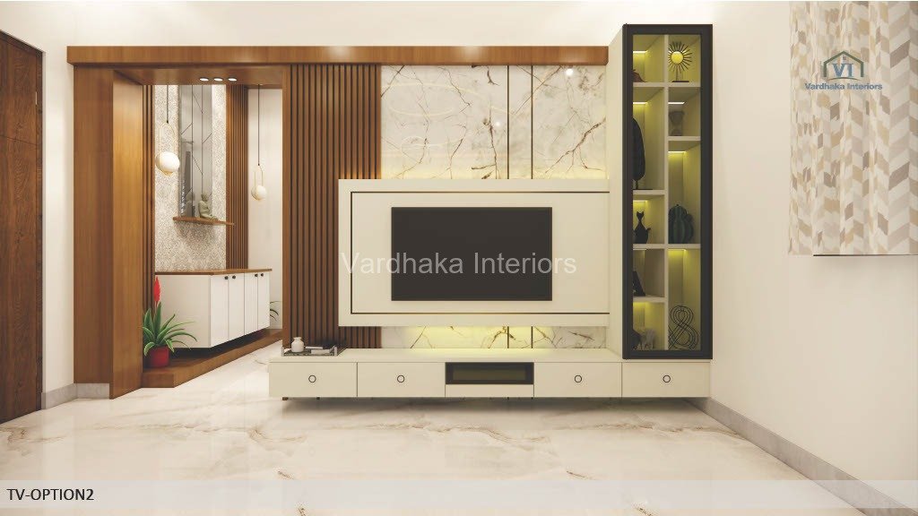Modern TV Unit Design With Louvers Profile Lights Panel — interior designers in Ankola, Uttara Kannada