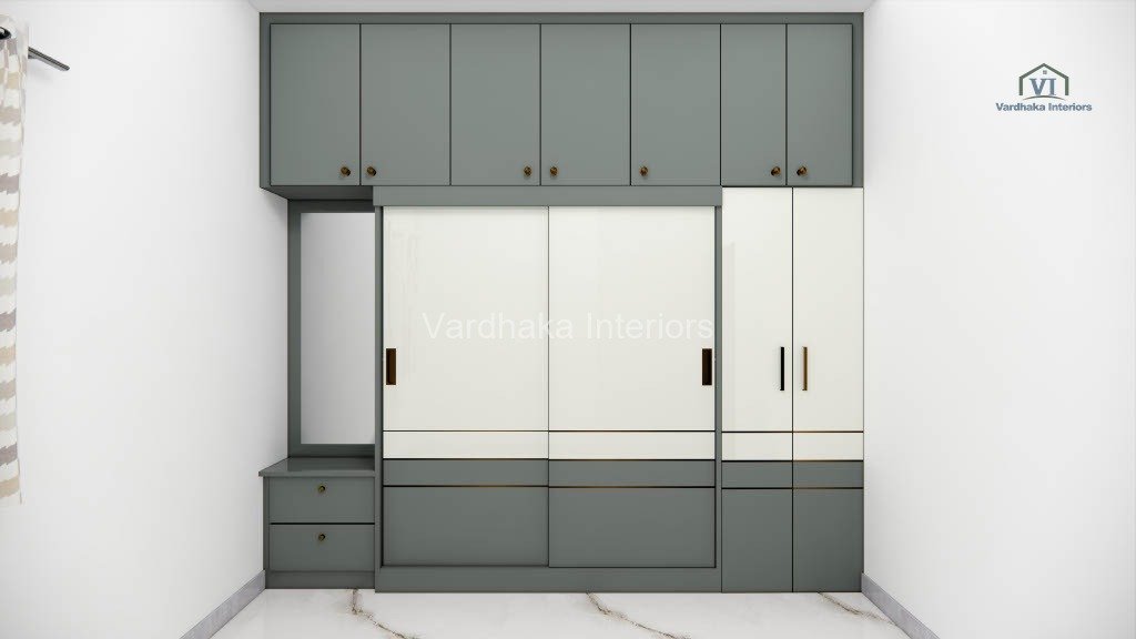 Modern Gray Wardrobe Design Sliding Dressing Unit — interior designers in Ankola, Uttara Kannada