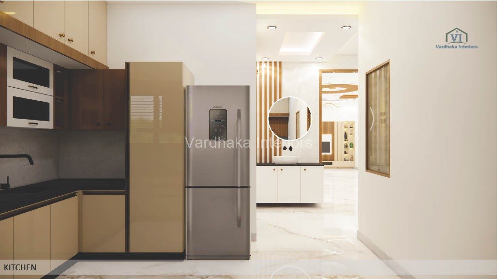 Modern Kitchen Design With Vardhaka Interiors Loft Ivory Design Profile Shutters Kitchen Design With Tall Unit — interior designers in Ankola, Uttara Kannada
