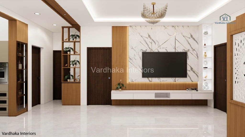 Modern Tv Unit With Partion In Hall Design Interior Design By Vardhaka Interiors — interior designers in Murudeshwara, Uttara Kannada